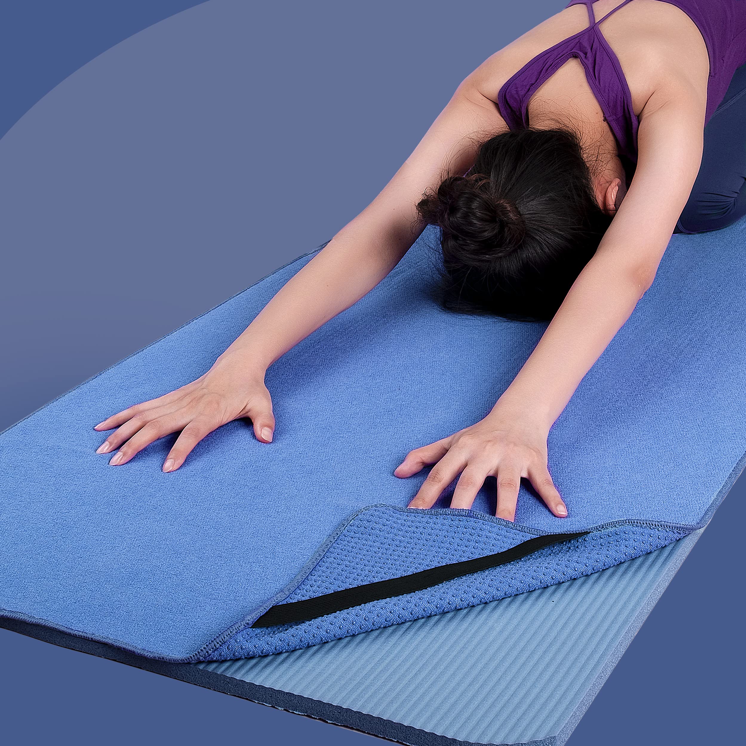 POLYTE Microfiber Hot Yoga Towel Mat with Non-Slip Silicone Grip and Secure Fit Elastic Straps, 24 x 72 in (Blue) - Image 4