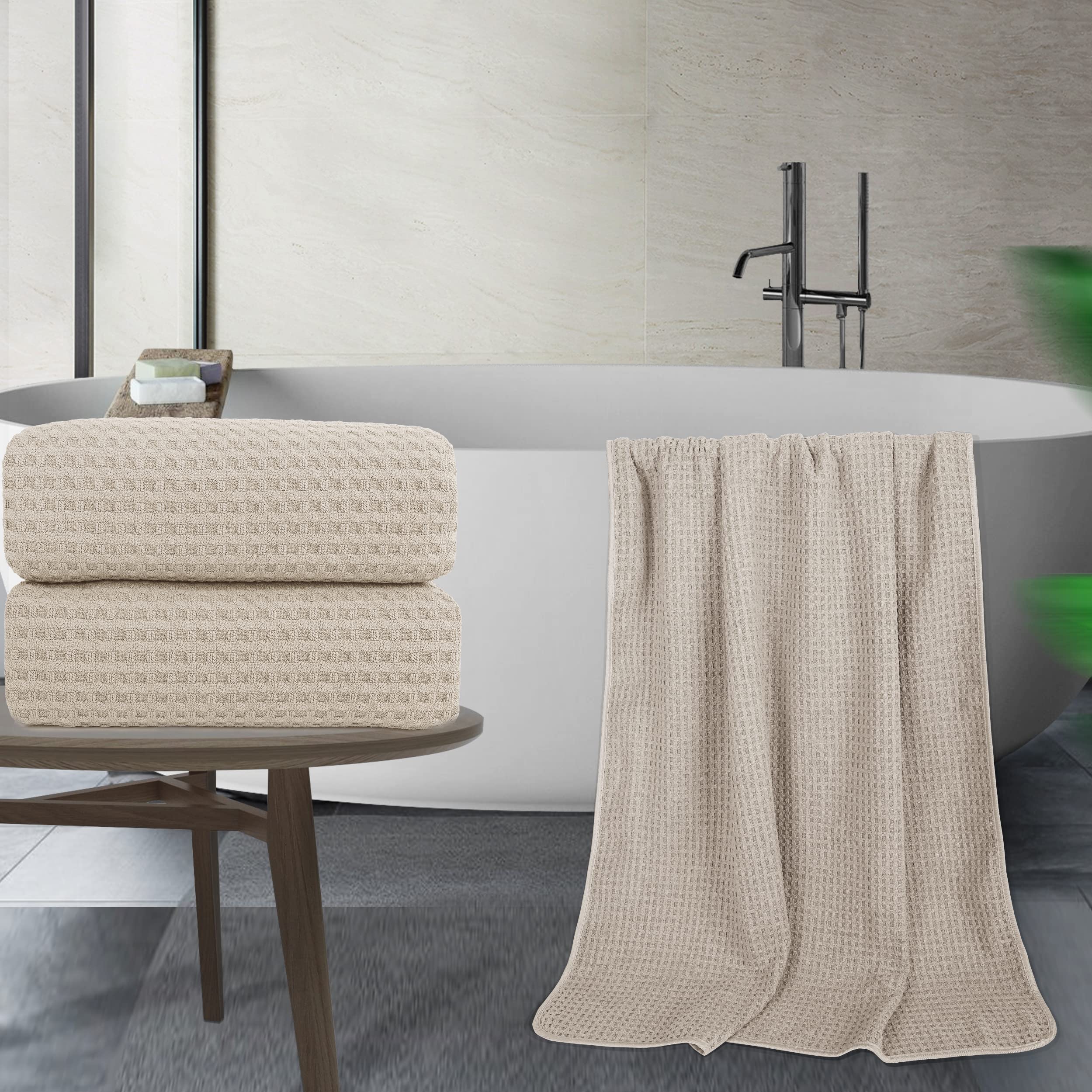 POLYTE Microfiber Oversize Quick Dry Lint Free Bath Towel, 60 x 30 in, Set of 2 (Beige, Waffle Weave) - Image 4