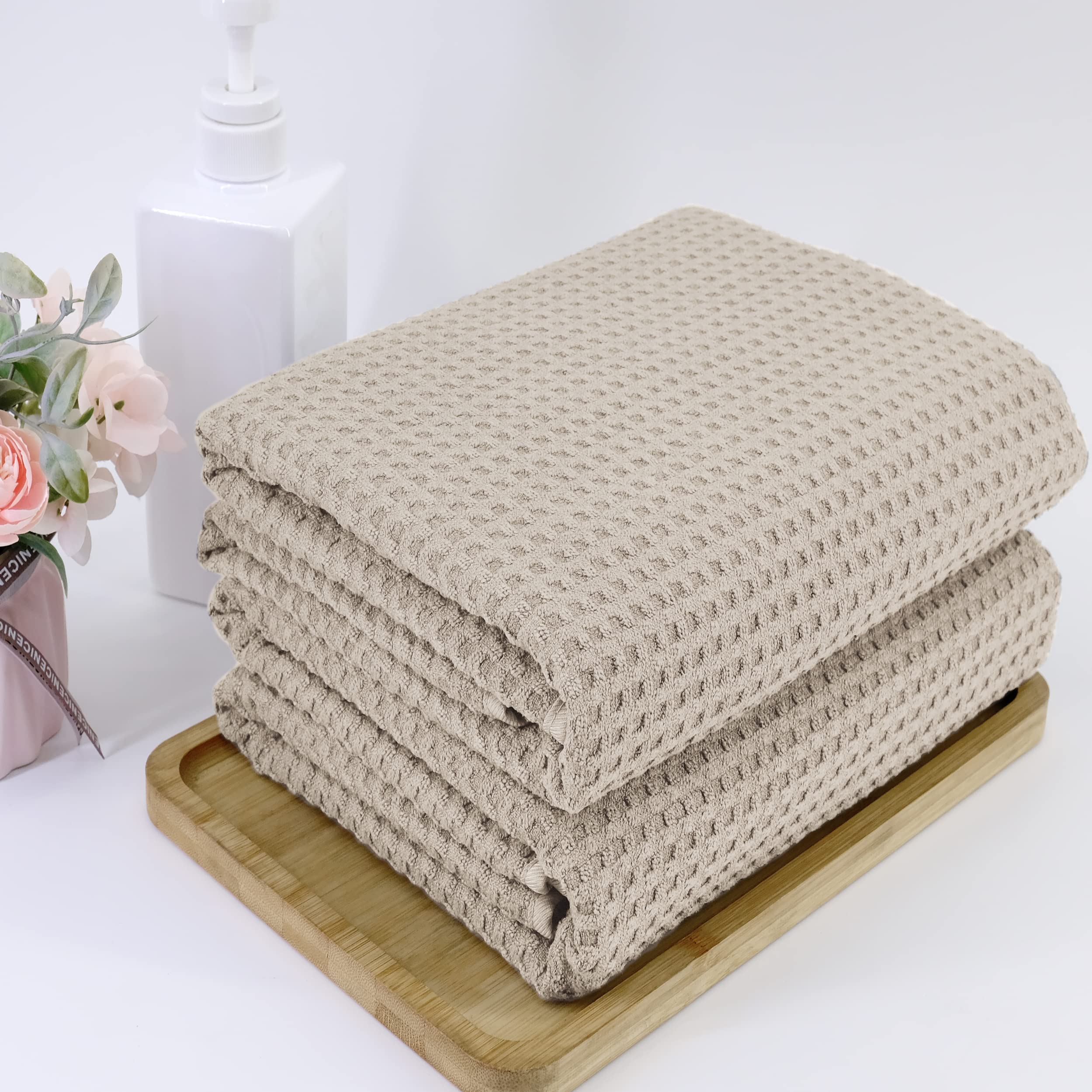 POLYTE Microfiber Oversize Quick Dry Lint Free Bath Towel, 60 x 30 in, Set of 2 (Beige, Waffle Weave) - Image 5