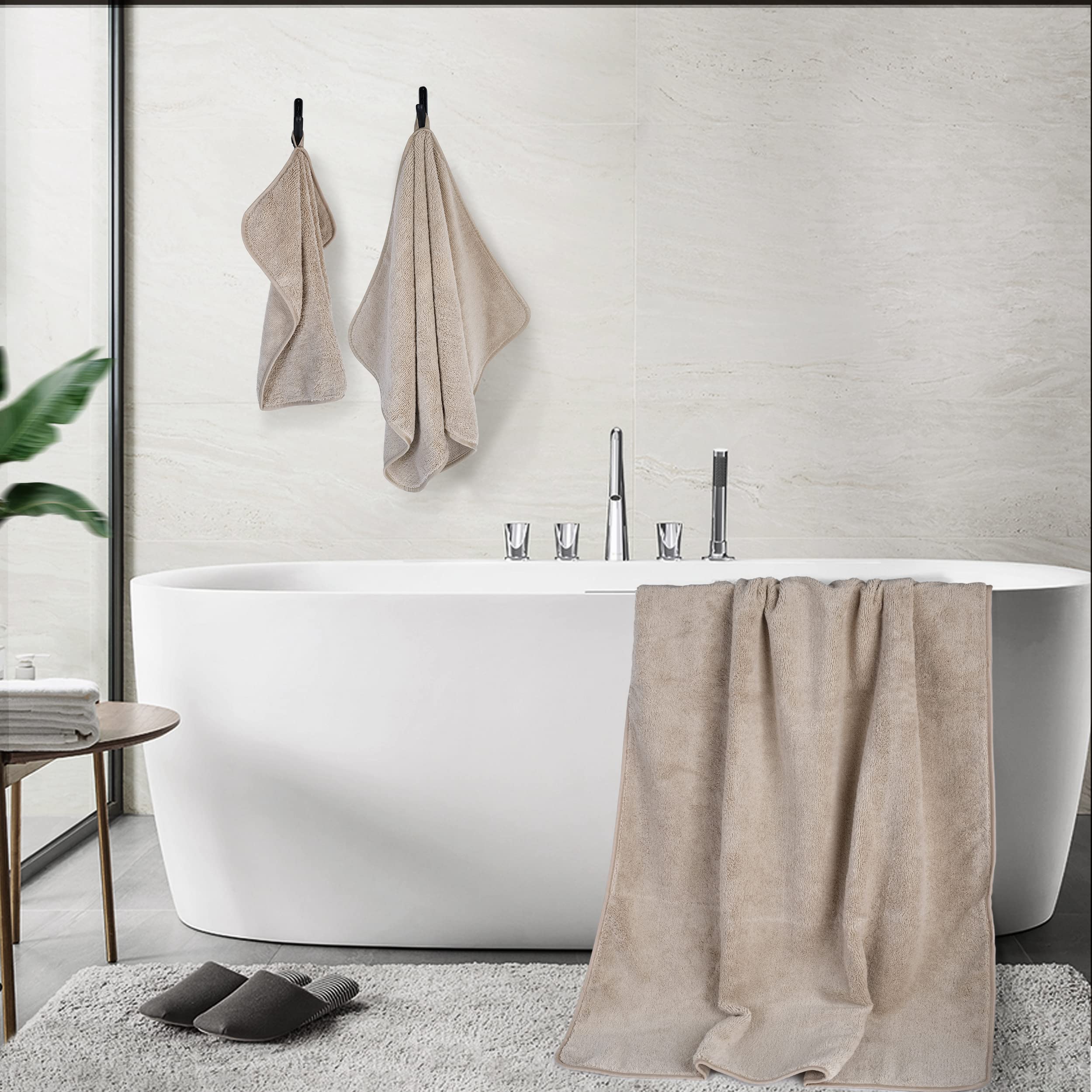POLYTE Oversize, 60 x 30 in., Quick Dry Lint Free Microfiber Bath Towel Set, 6 Piece (Beige) - Image 3