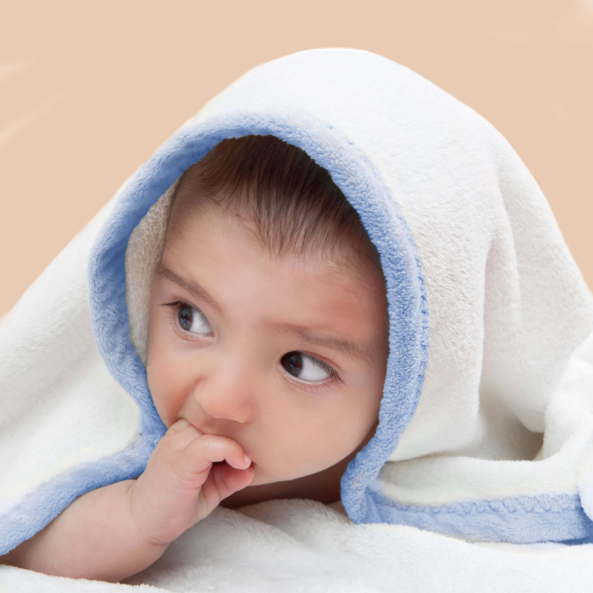 POLYTE Premium Hypoallergenic Microfiber Hooded Baby Bath Towel, 36 x 36 in, 2 Pack (White w/Yellow,Blue Trim) - Image 4