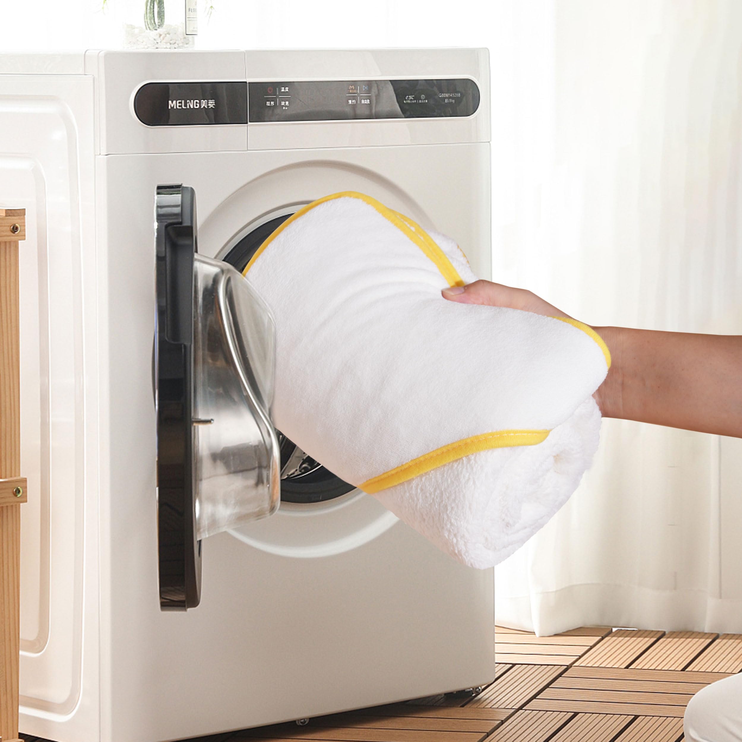 POLYTE Premium Hypoallergenic Microfiber Hooded Baby Bath Towel, 36 x 36 in, 2 Pack (White w/Yellow,Blue Trim) - Image 7