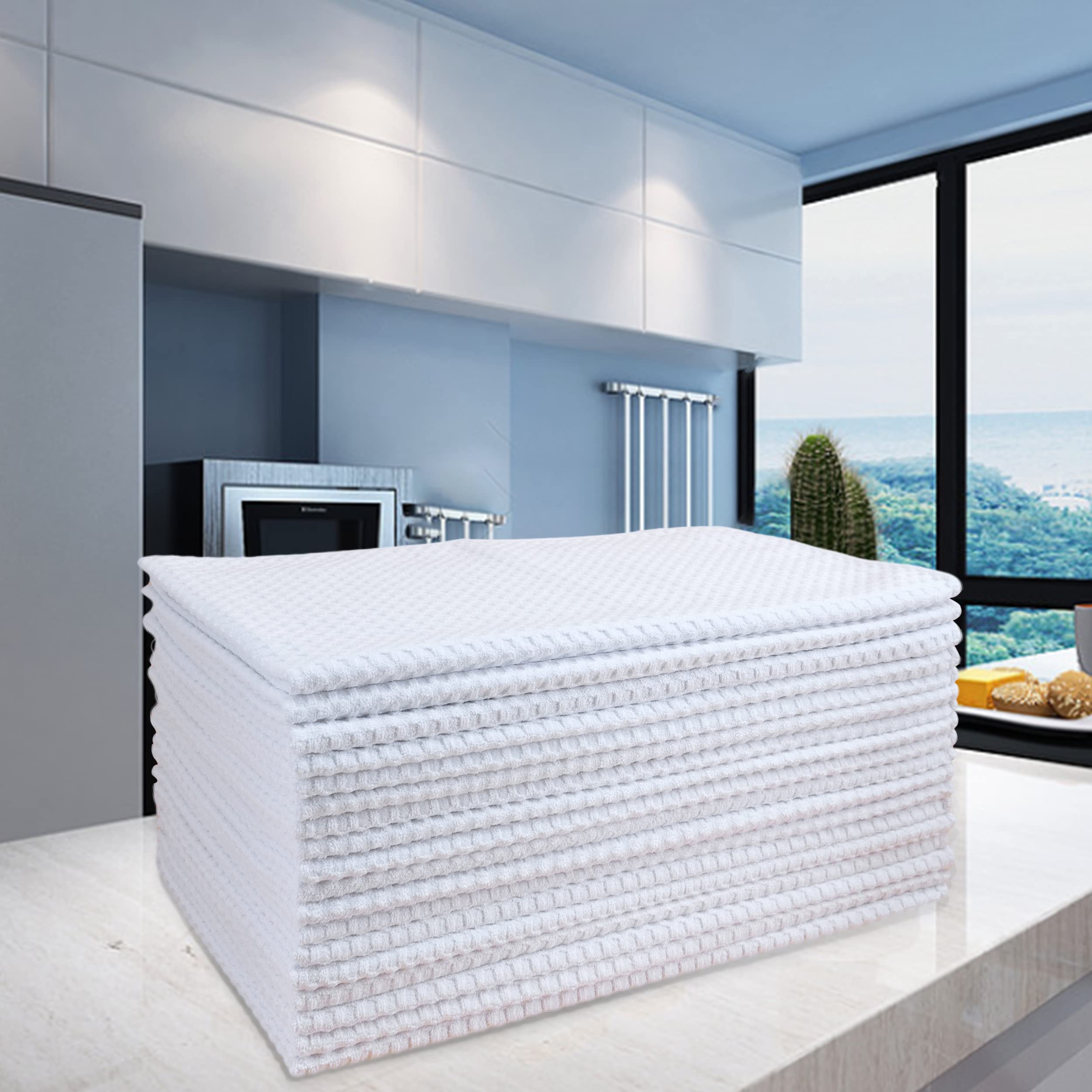 POLYTE Ultra Premium Microfiber Kitchen Dish Hand Towel Waffle Weave, 18 Pack (16x28 in, White) - Image 5